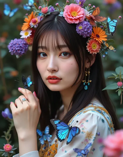 Image of a girl loved by flowers, indescribable beauty, beautiful, ethereal, electrical effects, her skin has chameleonic properties, cuttlefish and octopus, flowers earth butterflies' birds. you don't need clothes or jewelry or create them with the elemen...