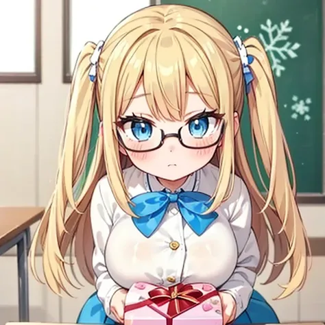 What I Really Want, 1 Girl, blonde Hair, (blue eyes:1.5),winter school girl uniform,glamorous,two side up hair,japanese girl,, large breast,Valentine chocolate gift box,
break indoors, classroom,large breast,glamorous,
break looking at viewer, Cowboy Shot,...