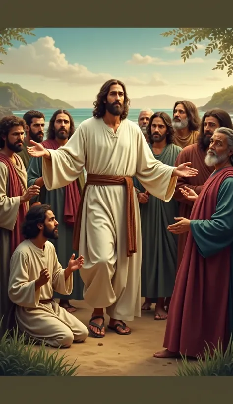 Jesus with the disciples walking on the beach 