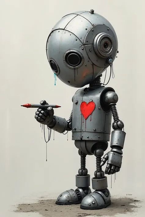  Create an image of a robot made of tin , All metal , a melancholic drawing ,  in high definition in 8k ,  the robot with tears in its eyes drawing a heart on the left side of its chest with a pen,  an image for reflection videos  