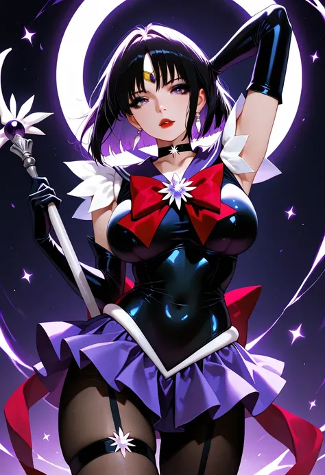  score_9, score_8_up, score_7_up,Masterpiece,  top quality,  lively,  very aesthetic,  high contrast,  semi-realistic,  latest, Sailor saturn ,black garter stocking,black elbow gloves,purple skirt,big breast,black eyeshadow,red lips,heavy makeup,black body...