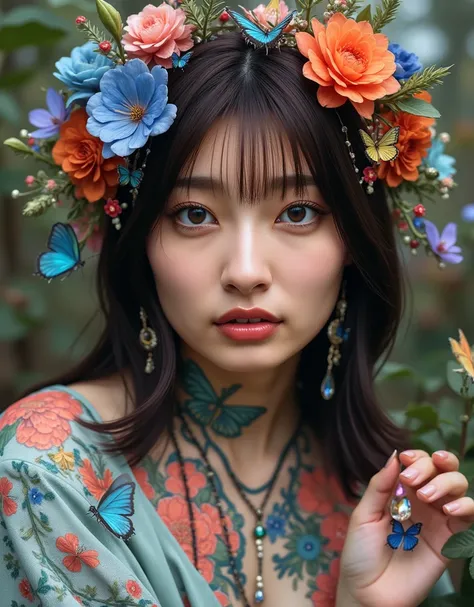 Image of a girl loved by flowers, indescribable beauty, beautiful, ethereal, electrical effects, her skin has chameleonic properties, cuttlefish and octopus, flowers earth butterflies' birds. you don't need clothes or jewelry or create them with the elemen...