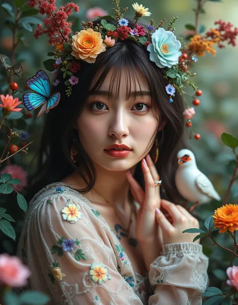 Image of a girl loved by flowers, indescribable beauty, beautiful, ethereal, electrical effects, her skin has chameleonic properties, cuttlefish and octopus, flowers earth butterflies' birds. you don't need clothes or jewelry or create them with the elemen...