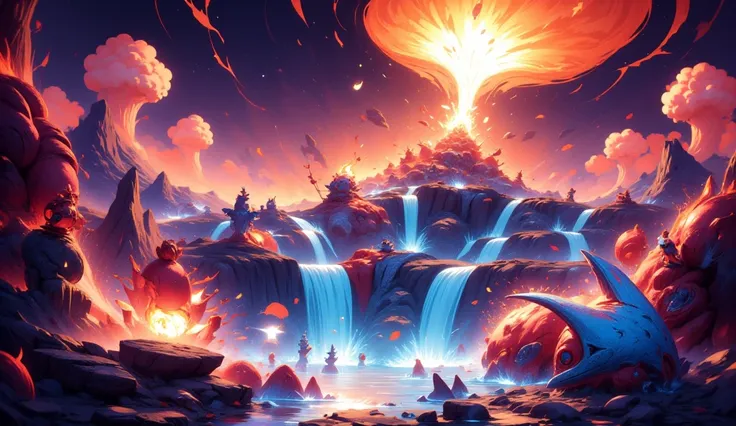 cartoon style wallpaper with fire elements, waterfalls and volcanoes 