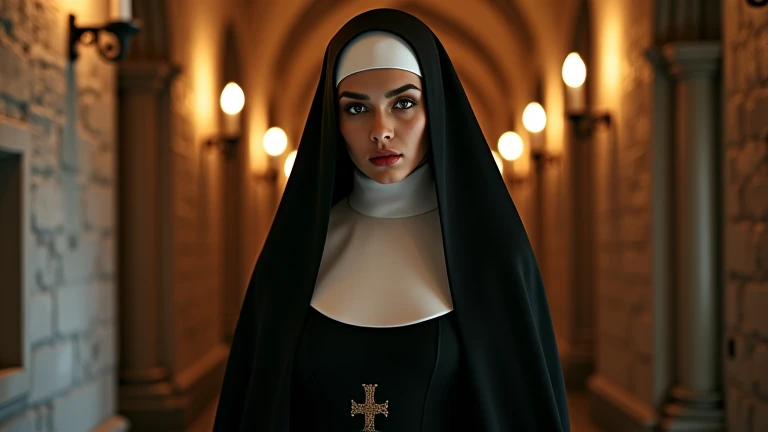 A breathtakingly beautiful and alluring young nun, standing in a dimly lit monastery corridor. She wears a traditional black and white habit, but slightly modified to enhance her elegance and mystique. The fabric clings gracefully to her silhouette, hintin...