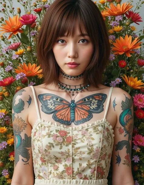 Image of a girl loved by flowers, indescribable beauty, beautiful, ethereal, electrical effects, her skin has chameleonic properties, cuttlefish and octopus, flowers earth butterflies' birds. you don't need clothes or jewelry or create them with the elemen...