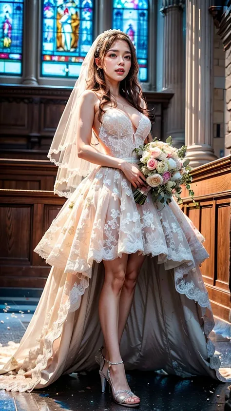 A beautiful young Japanese woman, 26 years old, with healthy thighs, beautiful legs, flawless skin, random hair color and style, large breasts, wearing a (wedding dress:1.3), (she is standing:1.2), full body shot, high heels, holding a bouquet in her hands...