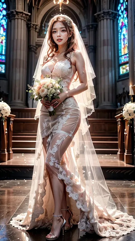 A beautiful young Japanese woman, 26 years old, with healthy thighs, beautiful legs, flawless skin, random hair color and style, large breasts, wearing a (wedding dress:1.3), (she is standing:1.2), full body shot, high heels, holding a bouquet in her hands...