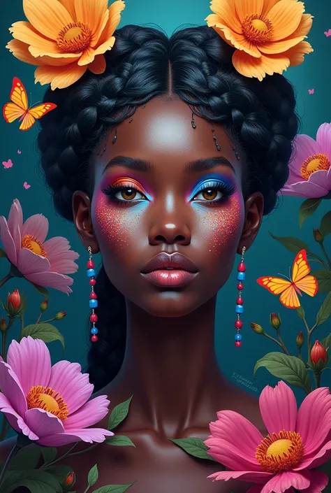 Black woman in braid with hair shaped like colorful futacor flowers like her face in futacor makeup with futacor background and several butterflies 

