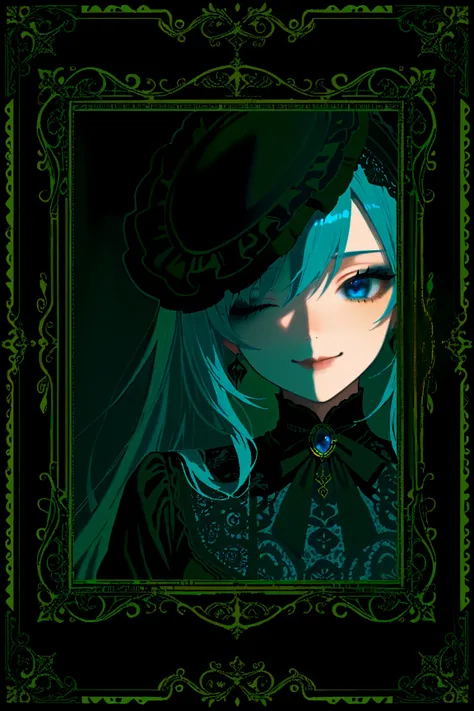 gothic lolita, mauve blue haired girl, intricate lace dress, black outfit, victorian-inspired, winking expression, delicate lace gloves, dark makeup, vintage frame, ornate border, mysterious smile, elegant gothic style, monochromatic color scheme, dark bac...