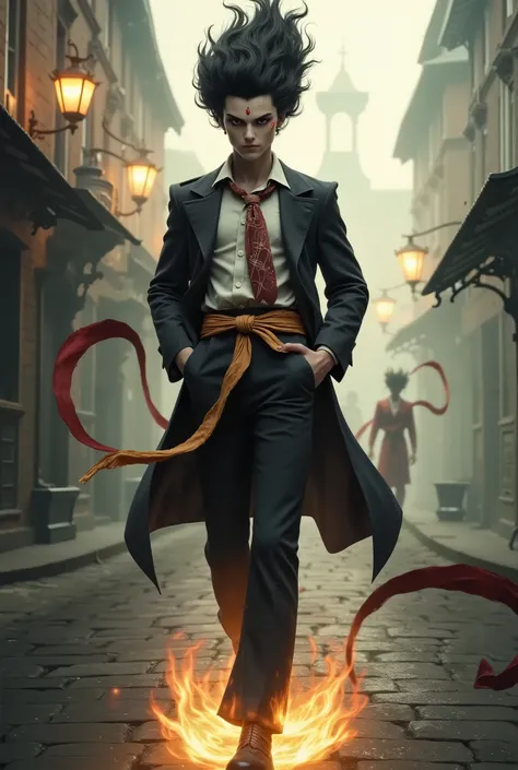 A confident and laid-back Nezha, with his hands casually tucked into his pockets, strolls through a foggy, Victorian-era street inspired by the world of Jack the Ripper. He is dressed in a classic Charlotte Holmes detective outfit: a sharp, dark trench coa...