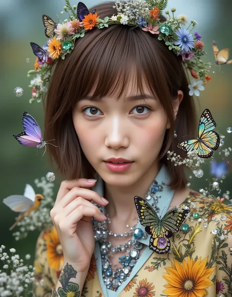 Image of a girl loved by flowers, indescribable beauty, beautiful, ethereal, electrical effects, her skin has chameleonic properties, cuttlefish and octopus, flowers earth butterflies' birds. you don't need clothes or jewelry or create them with the elemen...