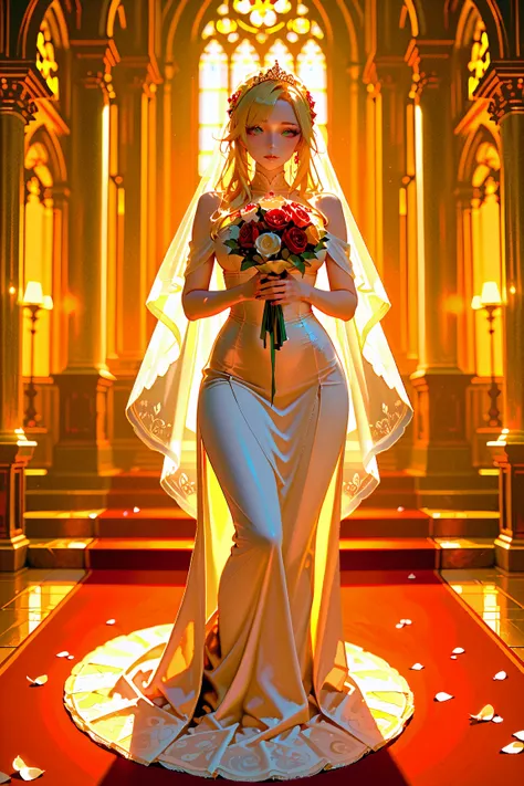  girl ,  Beautiful,  sexy,  blond hair ,  wedding dress,  Beautiful фата белоснежная, A bright bouquet in the hands , decorations,  Light Makeup ,  perfect anatomy,  background Flower Garden , church, red carpet,  petals , patterns,  masterpiece fails, 8 k...