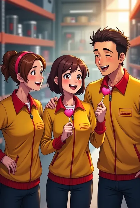 Three members of Team A and a brown woman with short hair,  All wearing DHL uniforms  ( yellow shirts with red and dark pants )  are inside an automotive warehouse .  They are laughing and enjoying a heart-shaped lollipop together .  The background shows s...