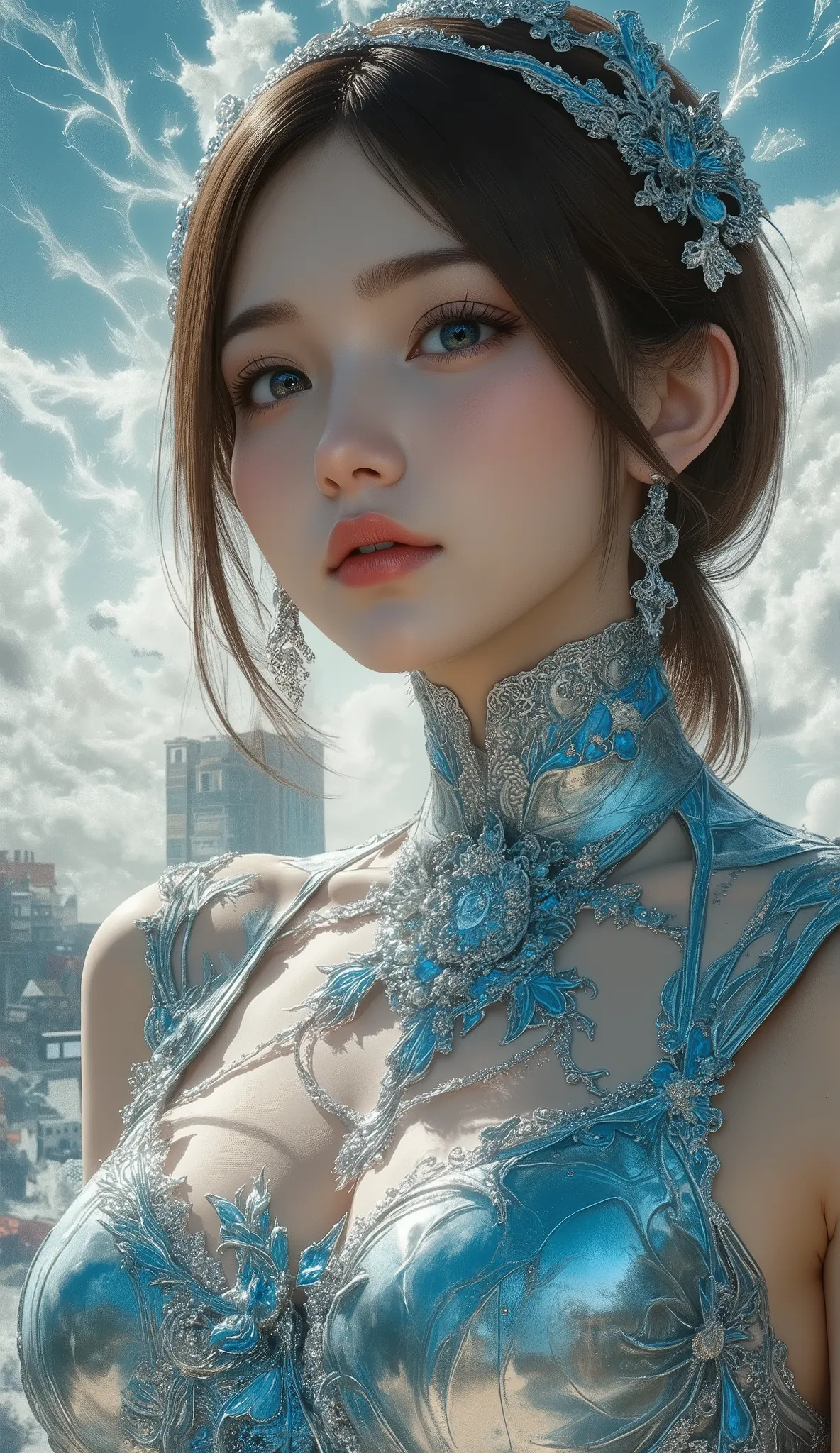 Close-up of a woman in a silver and blue dress, ArtStationの程維潘, Jan J,  Detailed Fantasy Art ,   beautiful character art  ,  In the form of、 Fan Art Best Art Station ,  Spectacular Exquisite Character Art , Beautiful Armor,  a very detailed term,  detailed...