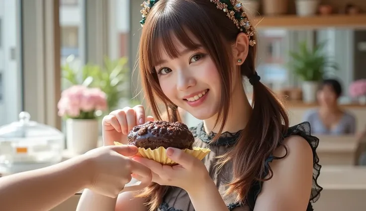 in a maid-concept cafe, cute and vivid decorations on the walls, sunshine, get to feed a big chocolate pie, maid, servant, wearing fluffy gothic lolita fashion, mouth wide open, big smile, pampered expression, lovey-dovey, pale brown hair, twin tails hairs...