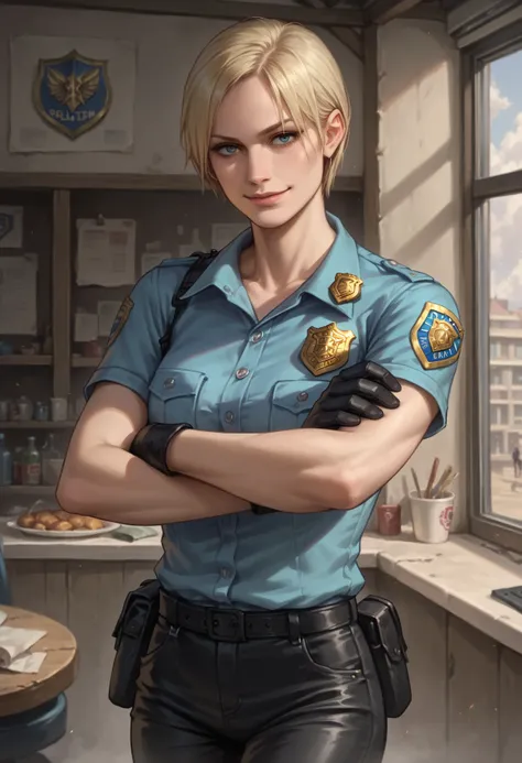 Score_9_up, score_8_up, score_7_up, score_6_up, source_realistic, cowboy shot, BREAK 1girl, cybilbennett, blonde, short hair, blue police shirt, badge, black leather pants, gloves, crossed arms, half smile,