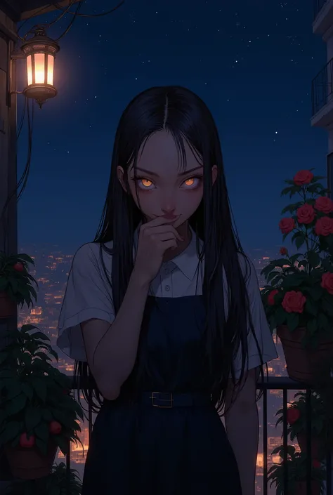 A girl with black eyes. (On a balcony) looking up at the stars. (Long black hair) (hand on chin looking up) she has brown skin. Its night time. Theres a lantern illuminating the surrounding. There's pots of flowers. 