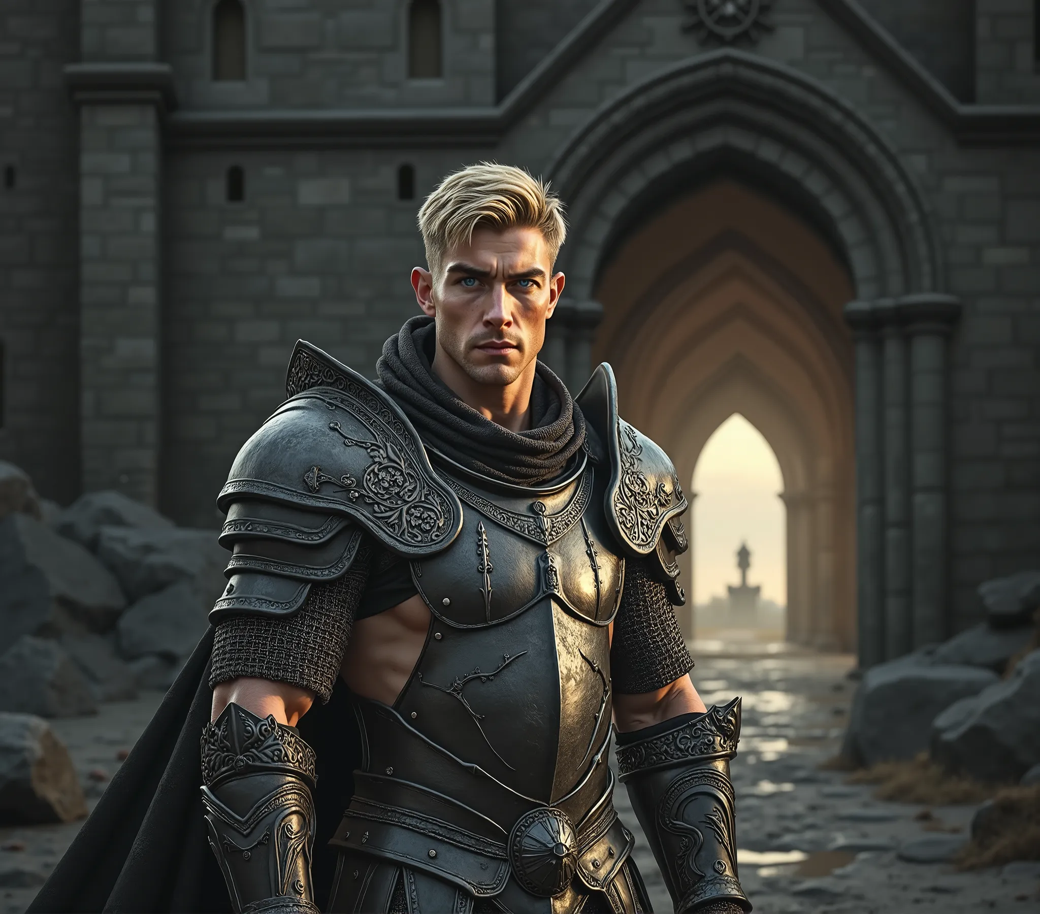 (( Masterpiece )), (( top quality:1.2)),  High definition , 8 k, (ultra_ realistic:1.3), (photo realistic:1.4),  clear focus ,  very detailed,  incredibly attractive ,  muscular man , On it (( anatomical plate armor with chain mail ,  Lots of Details ,  Th...