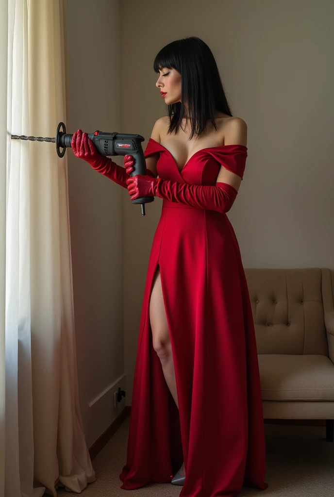  A sexy busty ager with straight black hair with big breasts dressed in a long red party dress, long leather gloves and gray high heels.  She has her breasts outside her dress ,  she uses a rotary hammer drill to drill a hole in the wall .  The drill uses ...