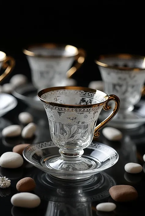 
"A set of elegant, transparent glass tea cups with intricate silver or white floral patterns near the rim, accompanied by matching glass saucers. The cups have a distinctive tulip shape with gold-trimmed edges, reflecting a luxurious and traditional desig...