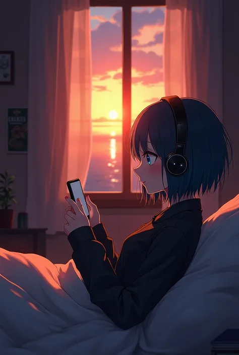 Anime girl not looking straight ahead and looking elsewhere in her room, the girl has short shoulder-length hair with black hair and blue locks giving a goth appearance, she is also a 16-year-old girl with a very, very boring face and is very boring lookin...