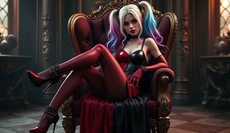 Harley Quinn sitting on a chair with long pink and blue hair wearing a black and red long dress with black and red tights and one red high heel and the other black high heel
