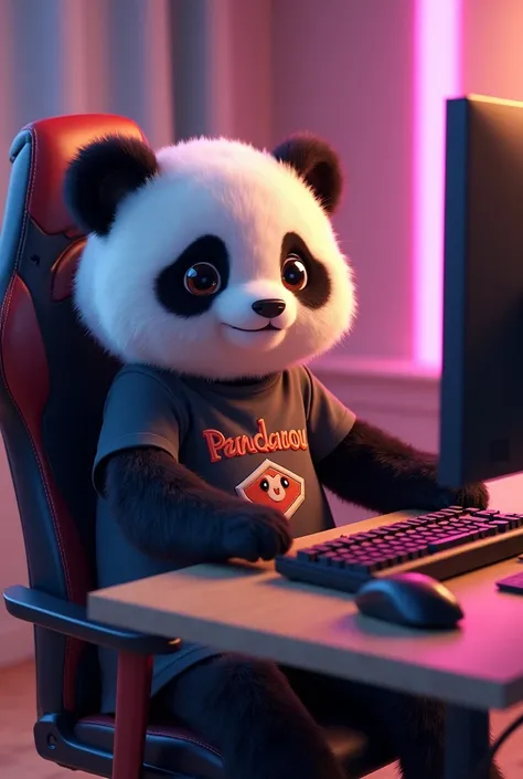 Panda gamer wearing shirt with pandarou name printed on it