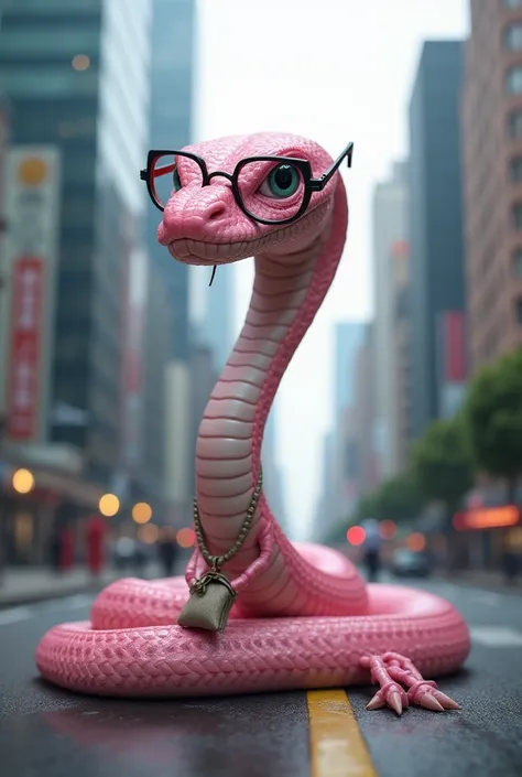 Create a new species of pink snake from glasses holding a bag on the street full of buildings looking ahead 