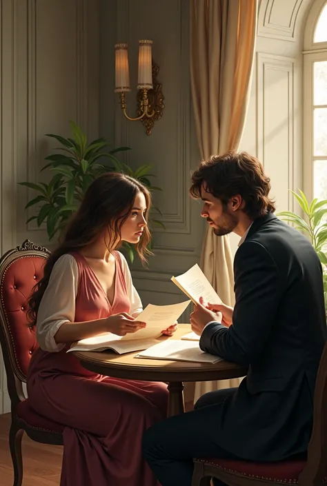 Images of a man and a woman with loose hair holding various papers in their hands at a round table in an old hotel 