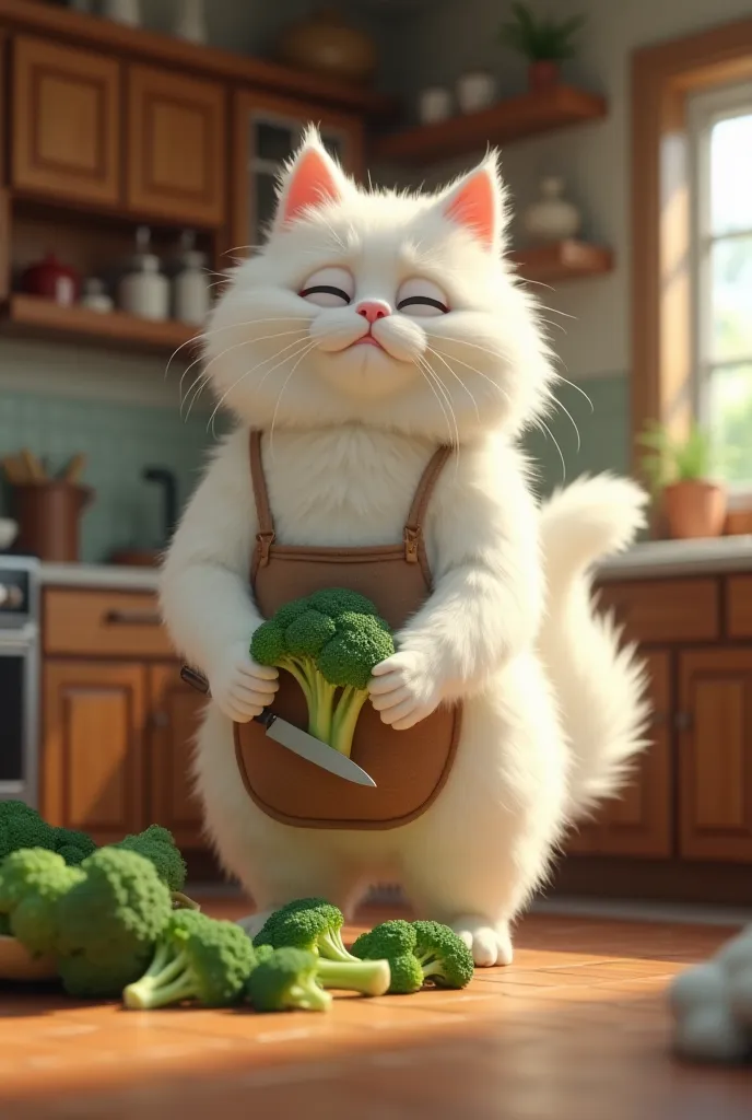 An adult fluffy white cat standing on two legs like a human and cutting broccoli in the kitchen 