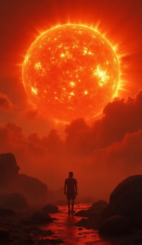 "A futuristic scene showing the Sun as a huge red giant, expanding and engulfing Mercury, Venus, and possibly Earth. The sky turns red and fiery as the Sun grows bigger."