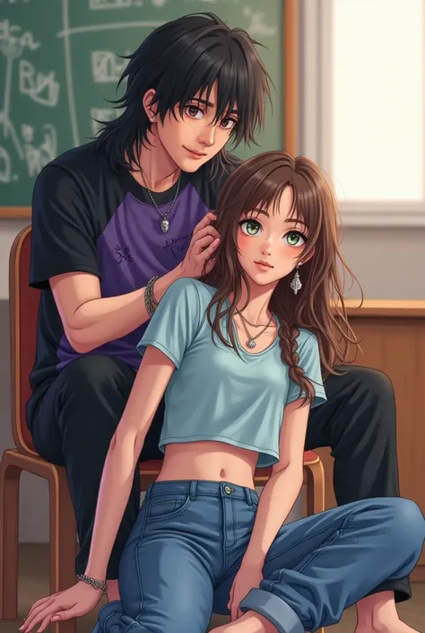 


I would like a picture likemanga of à woman of 18 years old sitting on the floor on the right bottom corner. the girl has long brown hair and eyes between brown and dark green. she wears a blue jean cargo and a light blue girly crop top. She also wears ...