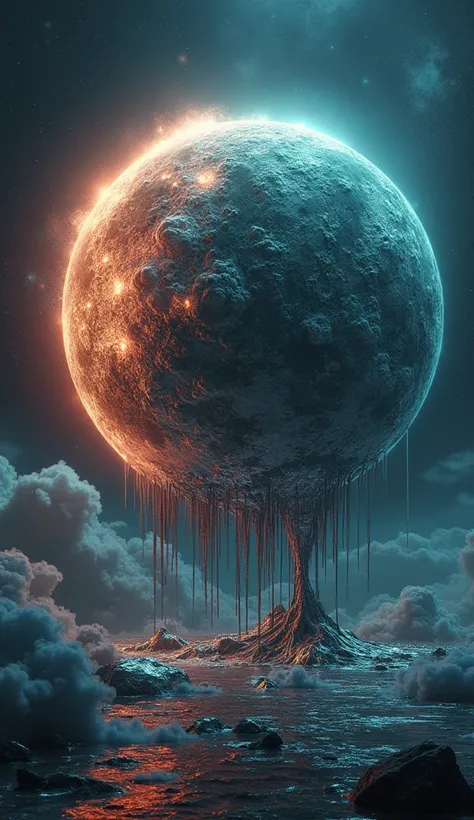 A highly detailed and surreal digital artwork featuring a massive, radiant sphere at its center, seamlessly merging a half-moon and half-planet Earth into a single, fluid celestial form. The sphere emits a mesmerizing luminescence, blending silver-blue lun...