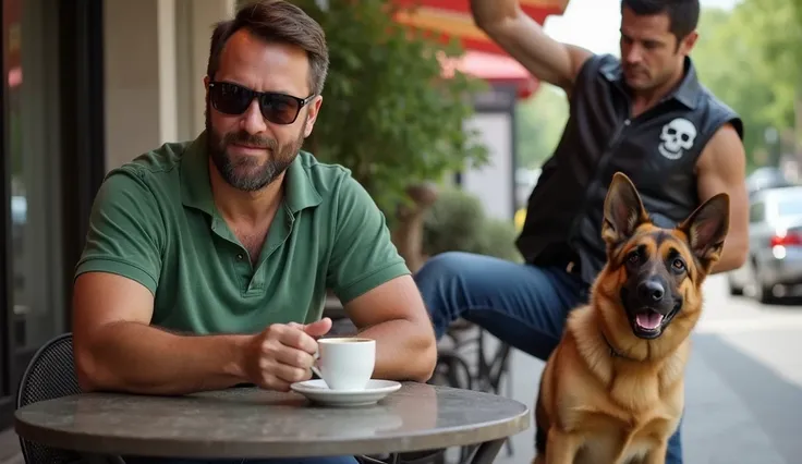 In the image, a man is sitting at an outdoor café table. He is wearing a green polo shirt and sunglasses, sipping a cup of coffee with a calm and focused expression. Next to him, there is a German Shepherd dog sitting peacefully with a calm expression. In ...