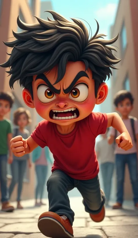 "Ravi Ravi (A teenage  boy named Ravi, wearing a casual red T-shirt and black jeans, with messy hair) with an angry and protective expression, running toward the harassers with clenched fists. His cartoon face is red with rage, and his posture is aggressiv...