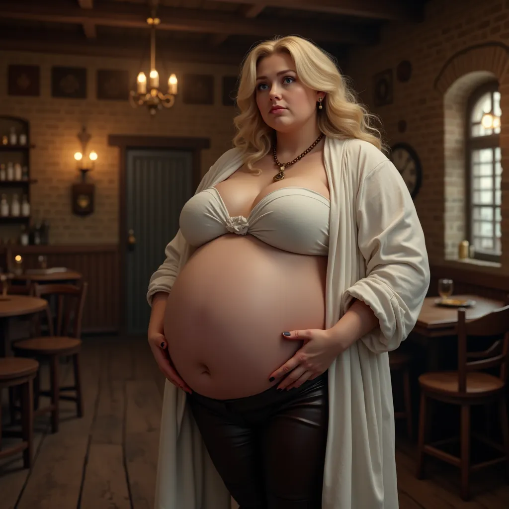 Chubby pregnant blonde, wide hips, huge and fat belly, white linen shirt, leather pants, high boots, medieval tavern , Bloated belly, round and heavy belly, Tired face, looking away