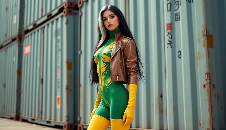 A young woman, likely Caucasian in her late s or early twenties, is posing in a vibrant, stylized costume.  She is dressed in a form-fitting,  green and yellow bodysuit, accented with bronze-colored leather jacket.  The bodysuit features graphic designs an...