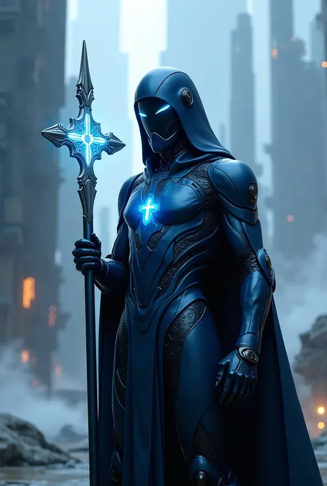 futuristic priest dressed in futuristic dark blue armor, a staff with the tip of the cross in your hands, cross neckline helmet with glowing neon white light