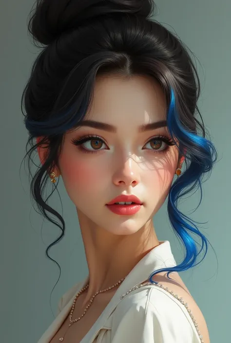 A beautiful woman with dark brown hair and blue hair tips. She has her hair in a high neat bun. She's extremely beautiful, and looks very composed and mature for her age