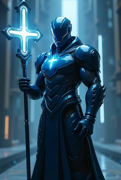 futuristic priest dressed in futuristic dark blue armor, Impressive body, a staff with the tip of the cross in your hands, cross neckline helmet with glowing neon white light