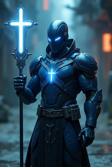 futuristic priest dressed in futuristic dark blue armor, Impressive body, a staff with the tip of the cross in your hands, cross neckline helmet with glowing neon white light