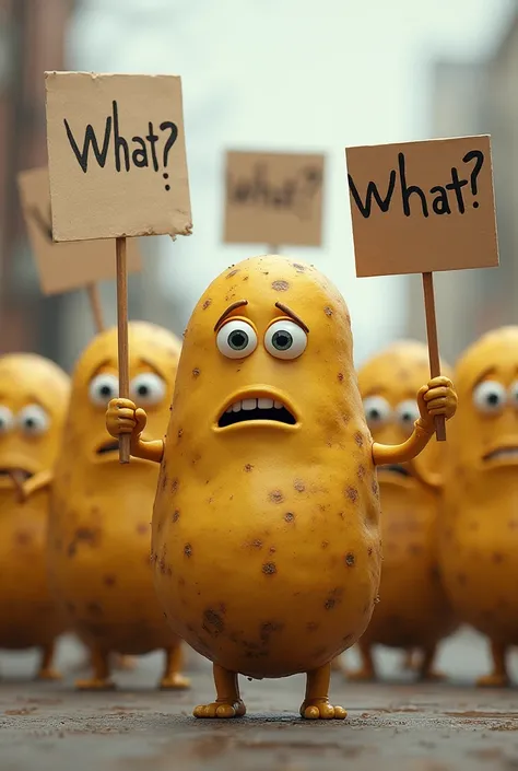 Y crea una imagen de varias papas 🥔 con cara de 🫥 y con carteles what digan : what ? , And they're like they're doing a march