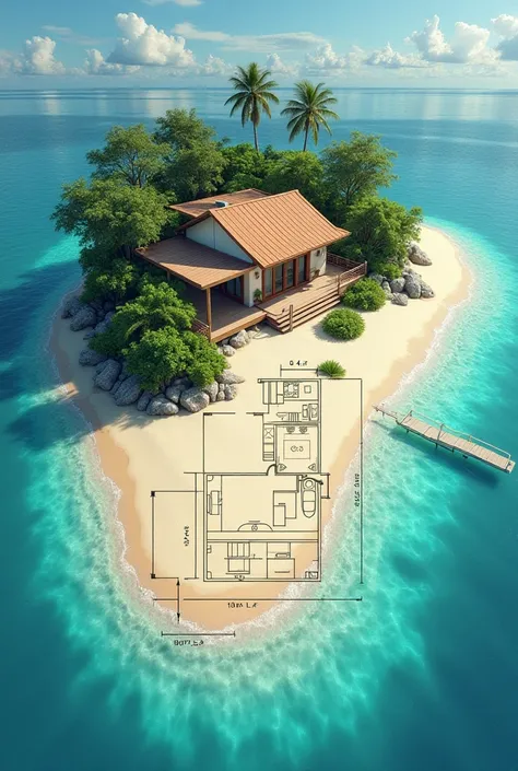 a blueprint design of a small island that has a simple beach house