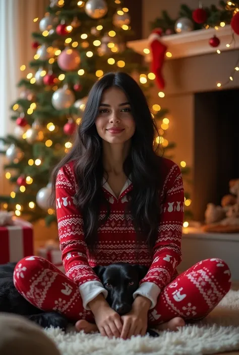  realistic photo, black-haired woman in Christmas pajamas sitting on the floor with her dog, Next to the Christmas tree 