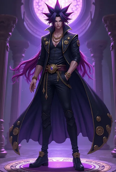 Create Yu-Gi-Oh  & Final Fantasy a handsome young man with tall and very astonished black hair with reddish purple locks with blue sapphire eyes with shapely legs wearing a black jacket with ornate bells with black leather pants tight with gold chains orna...