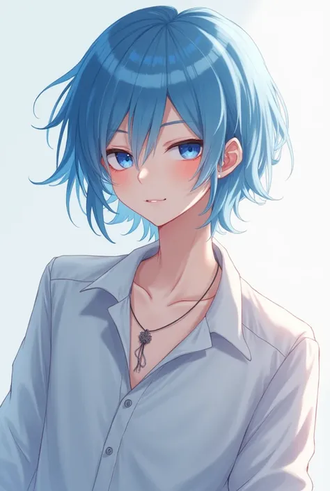 Create a super cute anime boy with blue hair and who looks calm and fun with blue eyes and who is a ager and who is tall and sexy.