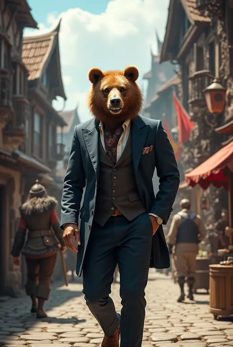 Stylish man in a , bear face,  suit walking around Vikings city