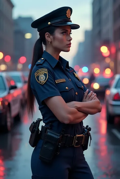 A striking female police officer with long, flowing black hair neatly tied in a low ponytail, and sharp violet eyes filled with determination. She wears a standard yet well-fitted navy-blue police uniform, complete with a neatly buttoned shirt, a badge on ...