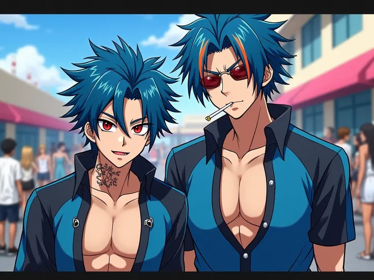 2 male oc de 17 ans sauvage charismatic beaux gosse.de l'anime blue lock 2 
garçon 1 cheveux Crete bleu avec trois grande méche qui tombe sur sont visage.yeux ecarlate stylé artificiel 
torse nu. uniform de sports bleu et noir lunnette de soleil tatuage.
r...